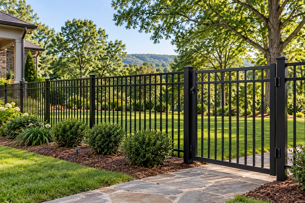 Black aluminum fence and pedestrian gate beside a lawn