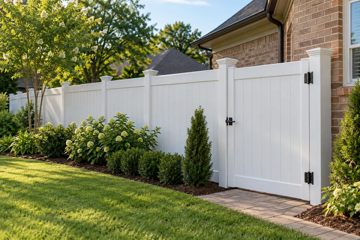 White vinyl privacy fence beside a brick home